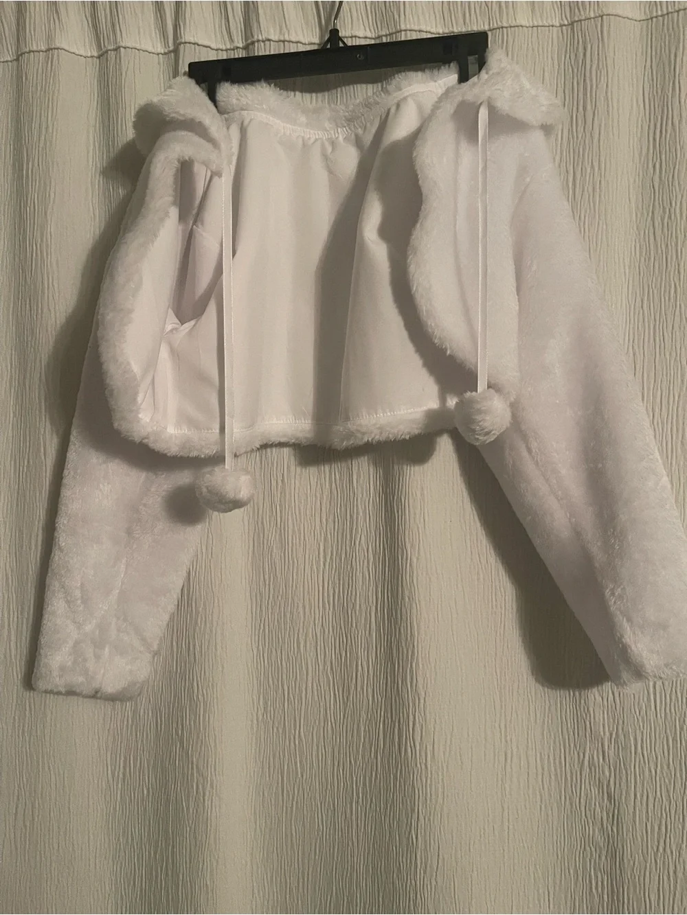 Girls White Hooded Fuzzy Jacket with Pom-Pom Ties